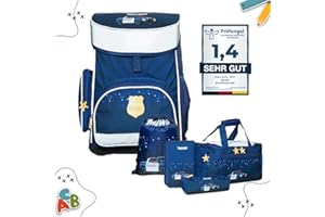 MUWO Set di 5 zaini per la scuola per bambini, ergonomici, leggeri, con borsa sportiva, sacca da ginnastica, astuccio per penne, solo 920 g, Design della polizia, Taglia unica