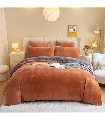 Housse De Couette Flanelle Sedefen 220x240cm + 2 Taies - Caramel Brun - Hiver Chaud - Parure Lit 2 Personnes