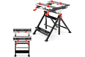 TANGZON Folding Workbench, 7-Level Height Adjustable Flip Top Work Table with 8 Sliding Clamps, 2 Rotary Clamping Handles & Foot Pedal, Work Bench Tool Stand Saw Horse (Red, 75 x 60 x 103cm)