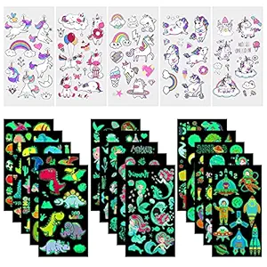 MAYCREATE 20 Sheets Waterproof Cartoon Fake Tattoo Sticker Glow in The Dark Unicorn Mermaid Outspace Dinosaur Tattoo, Boys Girls Party Supplies Gift