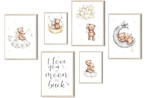 MeinBaby123® Poster per cameretta dei bambini, set da 6 poster, 4 pezzi, DIN A4 e 2 DIN A5, decorazione per la cameretta dei bambini, poster da parete Premium (stelle e orso V1)
