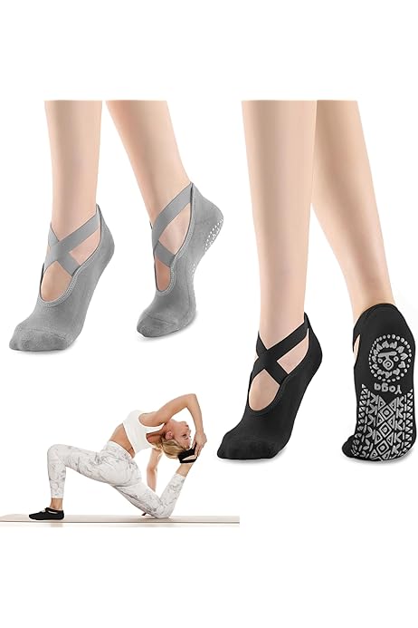 Calze Antiscivolo Per Yoga E Pilates - 2 Paia Con Bande Di Resistenza - Cotone Comodo