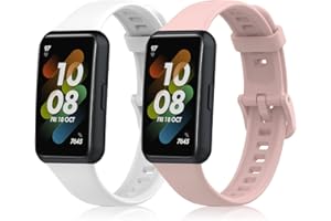KeeFos [2 Stück Armband Kompatibel mit Huawei Band 7, Silikon Ersatzarmband Herren Damen Silikonarmband Kompatibel mit Huawei Band 7 - Rosa+Weiß