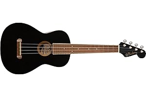 Fender Ukulele Tenore Avalon per Adulti e Bambini, Costruzione in Legno di Tiglio, Tastiera in Noce, Paletta Fender Stratocaster Classica, in Nero