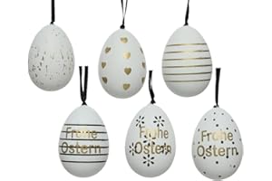 Decoris Ostereier zum Aufhängen 6cm x 6 Stück Plastik Schriftzug Blumen Streifen Muster weiß Gold schwarz