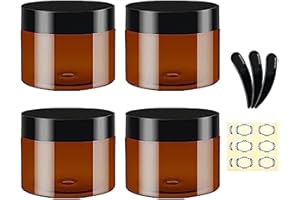 Apstaqeoo - 4 tarros vacíos de plástico ámbar de 120 ml con tapas negras, 3 espátulas y 6 etiquetas. Recipientes redondos de cosméticos rellenables, tarros de viaje para loción, ungüentos, cremas,