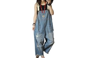YESNO Women Loose Fit Denim Dungarees Casual Printed Baggy Jumpsuit Distressed Long Wide Leg Overalls Jeans Pants Trousers P60UK