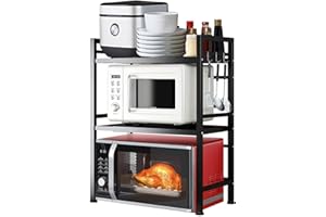 RONGJ LUHWYJA Mensola Microonde Estensibile, Regolabile Due Livelli Microonde Scaffale, Acciaio Carbonio Ripiano Contatore Cucina Organizzatore Ripiani, 4 Ganci, Carico Pesante 60lbs (3 Livelli, Nero)