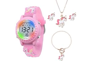 HMJIA Orologio e Collane per Bambina 3ATM Impermeabile con luce Cronometro Allarme per Orologio Digitale Bambina Orologio bambini da 3 a 12 Anni