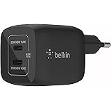 Belkin Doppio caricabatteria da parete USB-C da 45 W, ricarica rapida PD 3.0, caricatore USB C con tecnologia GaN per iPhone 
