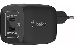 ‎BELKIN Belkin Ładowarka sieciowa 45W, 2 porty USB typ C, Power Delivery 3.0 z technologią GaN do urządzeń iPhone 15, 14, 13, 12, Pro, Pro Max, iPad, MacBook, Samsung Galaxy S24, S23, Tab, Pixel i innych