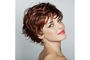 AUBWIG Parrucca corta rosso-marrone Parrucche corte pixie cut Parrucche corte ricci ondulate Parrucche morbide Shaggy Parrucche sintetiche uso quotidiano Capelli (rosso-marrone)