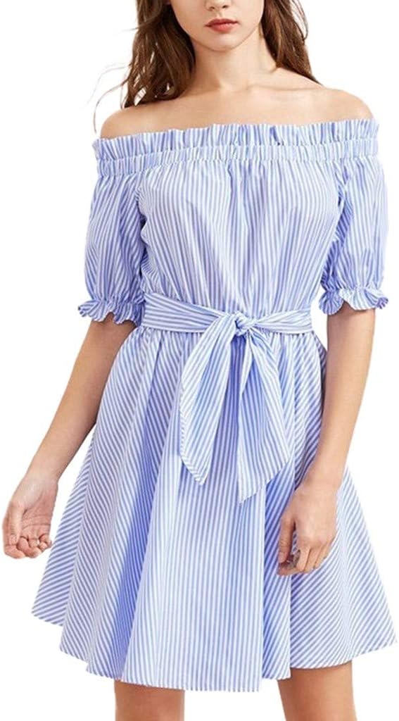 YuyuanDO Women Fashion Half Sleeve Solid Color Stripe Strapless Dress