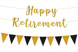 lasuroa Guldglitter Happy Retirement Banderoll och Triangle Vimpel Girlang, Färdigupphängd Pensions Fest Dekoration för Män o