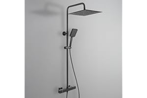 DERW Thermostatic Shower Mixer Set with 12" Square Rainfall Shower Head(304 Stainless Steel), 6 Modes Square Shower Head with Rotating Bracket, Anti-Leak Hose, Anti-Scald,Easy Install (Black)