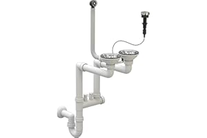 Granitan Platzsparendes Syphon Doppelanschluss - Küchenspülenablauf-Set mit Anschluss Geschirrspülmaschine - Abflüssen 115 mm/3,5 Zoll - Ablaufgarnitur für 2 Becken mit automatischen Stopfen - Chrom