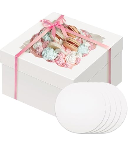 Miluoou 20 stuks taartdozen met planken (elk 10), 25,4 x 25,4 x 20,3 cm witte bakkerijdoos met venster, grote bakdozen, vierkante doos voor meerlaagse taarten, decoratiebenodigdheden