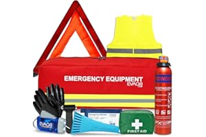 EVAQ8 Advanced Car Safety Kit with Extinguisher and Torch UK Standard Parts Includes Warning Triangle, First aid kit, Emergency Blanket, Safety Hammer, Torch, high Visibility Vest, Carry Bag