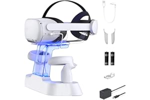 NexiGo Verbessert Ladestation mit LED-Licht für Oculus Quest 2, [Support Elite Strap mit Batterie], Headset-Display-Halter und Controller-Halterung, 2 wiederaufladbare Batterien, magnetisches Kabel