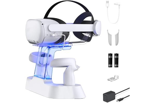 NexiGo Station de Recharge Version Avancée avec LED pour Quest 2, Support Elite Strap avec Batterie, Support d’Affichage pour Casque et Contrôleur, 2 Piles Rechargeables, Câble Magnétique