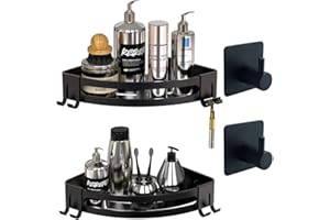 EveryKip® Estanteria de Ducha Esquinero sin Taladro Estante de Baño de Metal con 4 Ganchos de Ducha Antioxidante Portaobjetos de Baño de Pared 2 Piezas (Negro)