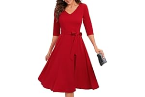 Bbonlinedress Abiti Rockabilly Donna Manica a 3/4 Scollo a V Manica Lunga Midi Abiti da Festa per Matrimonio Abito da Cocktail Vintage con Tasche