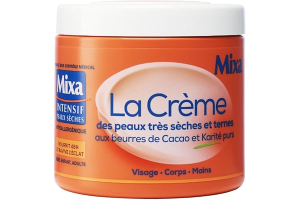 Mixa Intensif Peaux Sèches - La Crème des Peaux Très Sèches et Ternes - Multi Usages Visage, Corps, Mains, Pieds - Nourrit 48h et Ravive l'Éclat - Pénétration Rapide - Hypoallergénique - Pot 400 ml