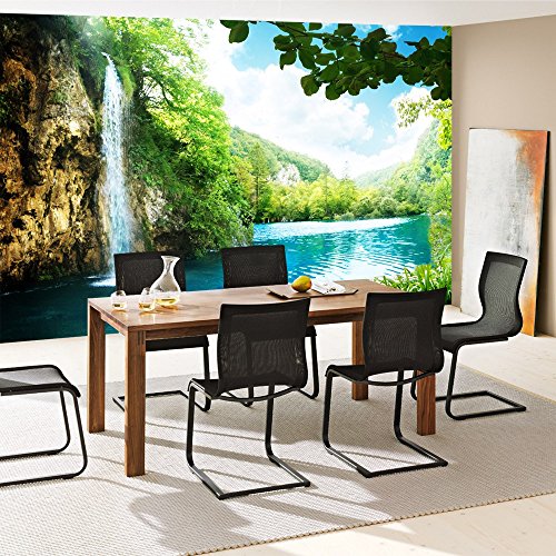 Vlies Fototapete PREMIUM PLUS Wand Foto Tapete Wand Bild Vliestapete – WATERFALL IN PARADISE – Wasserfall Lagune, Paradies Berge See Wald Bäume Landschaft – no. 035, Größe:350x245cm Vlies - 5