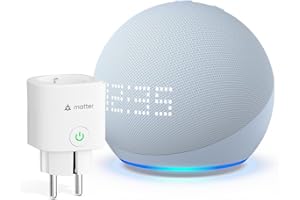 Echo Dot (5.ª generación, modelo de 2022) con reloj | Gris azulado + Meross Enchufe Inteligente Matter, compatible con Alexa - Kit de inicio de Hogar digital
