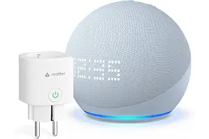 Echo Dot (5.ª generación, modelo de 2022) con reloj | Gris azulado + Meross Enchufe Inteligente Matter, compatible con Alexa - Kit de inicio de Hogar digital