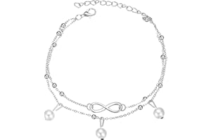 TWOBUD Silver Anklets for Women, Classic Adjustable Pearl Infinity Ankle Bracelets Summer Beach Boho Layered Beads Lucky 8 Foot Chain Jewelry Accessories Gift for Her Girls Daughter Sister Mum Birthday