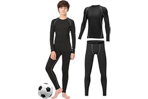 Rolimaka Youth Boys' Compression Leggings Long Sleeve Athletic Shirt Tights Top Base Layer Set Black（Grey Line XL