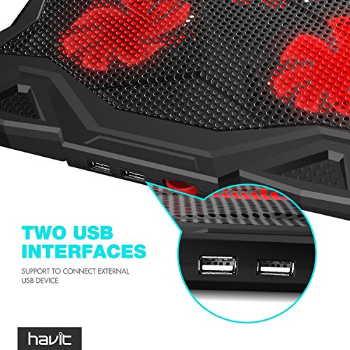 HAVIT Laptop Kühler Cooling Pad (bis zu 17 Zoll), Notebook Cooler Ständer Kühlpad Kühlmatte mit 5 Ventilatoren, 2 USB-Anschlüssen, rotes LED Licht (F2068) - 6