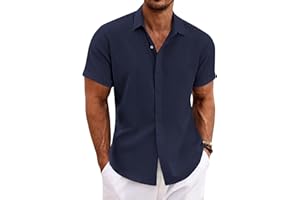 COOFANDY Chemise en Lin pour Hommes Chemise à Manches Courtes Boutonnée Coupe régulière Chemises décontractées Chemise d'été en Lin de Plage
