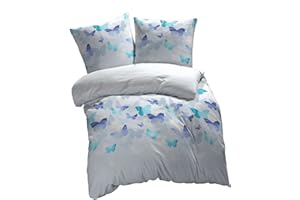 ETÉREA HIMMLISCHE QUALITÄT etérea Mako Satin Baumwolle Bettwäsche Lilu Schmetterlinge 155x220 2er Set - mit Reißverschluß - nach Oekotex 100 - Bettbezug mit Kissenbezug - 155 x 220 + 80 x 80 cm - Blau