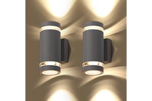 CELAVY Outdoor Wall Lights Up Down, Outside Wall Lights Mains Powered, IP65 Front Door Porch Light GU10 Aluminium, External Electric Round LED Lighting Lamp Wall Mounted for House 2 Pack, Grey