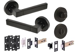 HUNTA HANDLEZONE® Luxa Door Handles on Rose Bathroom Deadbolt Pack, 76mm Lock and Latch, 75mm Ball Bearing Hinges - Black Matt