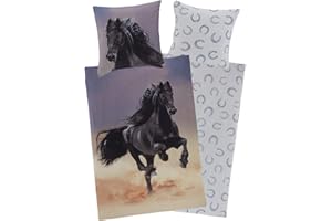 ‎AMINATA KIDS Aminata kids Bettwäsche Pferde 135x200 Mädchen Baumwolle Friese Kinder - Kinder-Bettwäsche mit Pferdebettwäsche-Motiv - Kinderbettwäsche mit Hufeisen - Jugendliche- schwarz - YKK Reißverschluss