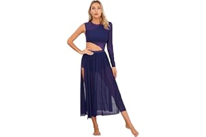 ranrann Femme Robe Danse Classique Manches Asymétrique Robe Danse Latine Salsa Salon Rumba Justaucorps Ballet Tenue Danse Contemporaine Dancewear S-XXL