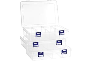 QWORK 3-pack förvaringslåda i plast med 8 justerbara fack, 20 x 13,3 x 4,6 cm, transparent organiseringslåda för hantverk, pä