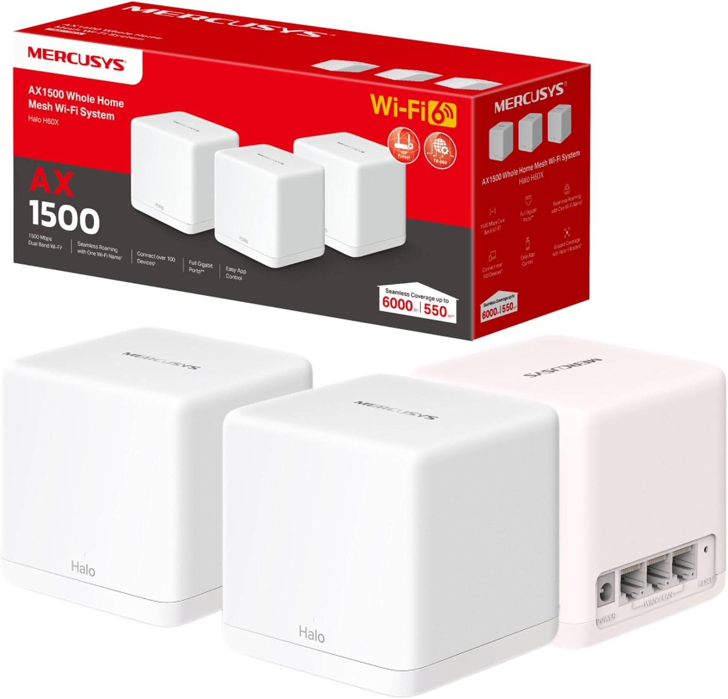 MERCUSYS AX1500 Whole Home Mesh WiFi 6 System, Coverage up to 6,000 ft² (550 m²), Connect up to 100 Devices, 1024-QAM, Full Gigabit Ports, Dual Band Wi-Fi, Easy App Control, Halo H60X (3-pack)
