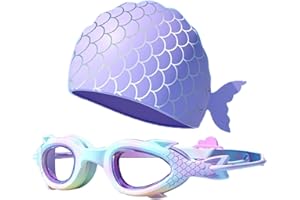 PORUPAEL Juego de gafas de natación y gorra para niños, gafas de natación de sirena, antivaho, sin fugas, gafas de piscina de silicona, gafas de natación ajustables para niños y niñas de 3 a 12 años