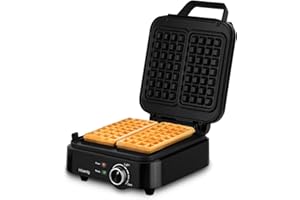 H.Koenig Gaufrier Compact GFX420, Appareil à Gaufres, Puissance 1200W, Plaques Antiadhésives, Température Réglable, 3 Niveaux de Dorure, Gouttière Anti-Débordement, Pieds Antidérapants, Noir