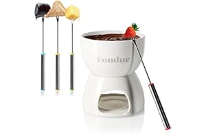 COM-FOUR® Juego de fondue de chocolate premium - cuenco de cerámica con portavelas y 4 tenedores - crisol para chocolate y queso - crisol - cuenco de postre para 4 personas (blanco)