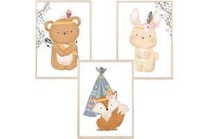 MeinBaby123® Set di 3 poster per cameretta dei bambini, formato DIN A4, motivo: animali indiani, boho