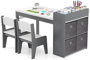 GYMAX Kids Table and Chairs Set, Wooden Children Art Desk with Paper Roll, 4 Fabric Bins&Storage Shelves, 3 in 1 Toddler Activity Table Set for Drawing Writing Learning,100x50x58cm (Grey + White)
