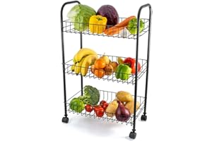 Vivo Technologies 3 Tier Fruit Vegetable Trolley Basket Rack Kitchen Storage with Wheels, Storage Rack with Organizer Baskets for Fruits, Vegetables, books, tools Storage, Black