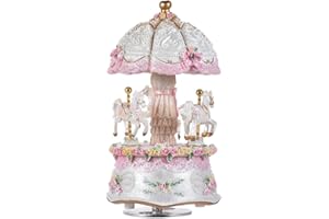 MUSFUNNY Carousel Music Box, Luxury Color Change LED Music boxes, Luminous Light 3-horse Rotating Windup Musical Christening Gifts for Girls