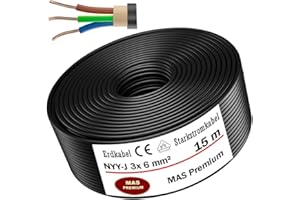 MAS PREMIUM Câble de mise à la terre MAS-Premium® Marque de qualité allemande Anneau de câble électrique Premium pour installation extérieure et souterraine Fabriqué en Allemagne (NYY-J 3 x 6 mm², 15 m)