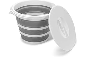 UPGRADE4CARS Składane wiadro o pojemności 10 l, z pokrywką i uchwytem, 10 l, na kemping, do wędkowania, sprzątania itd. | składane wiadro na wodę z tworzywa sztucznego i silikonu w kolorze szarym, białym